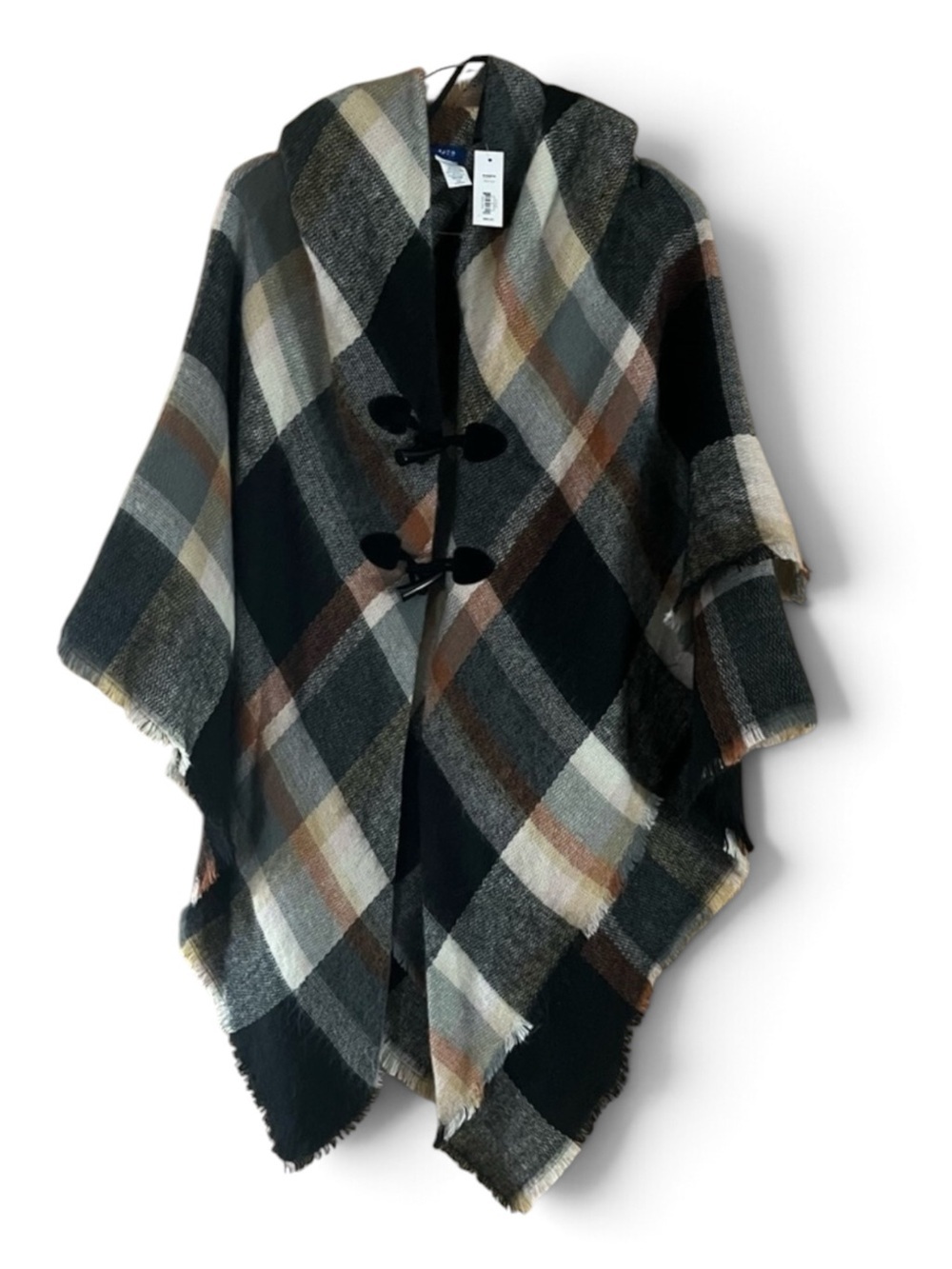NWT Black and Orange Plaid Soft Poncho Sweater